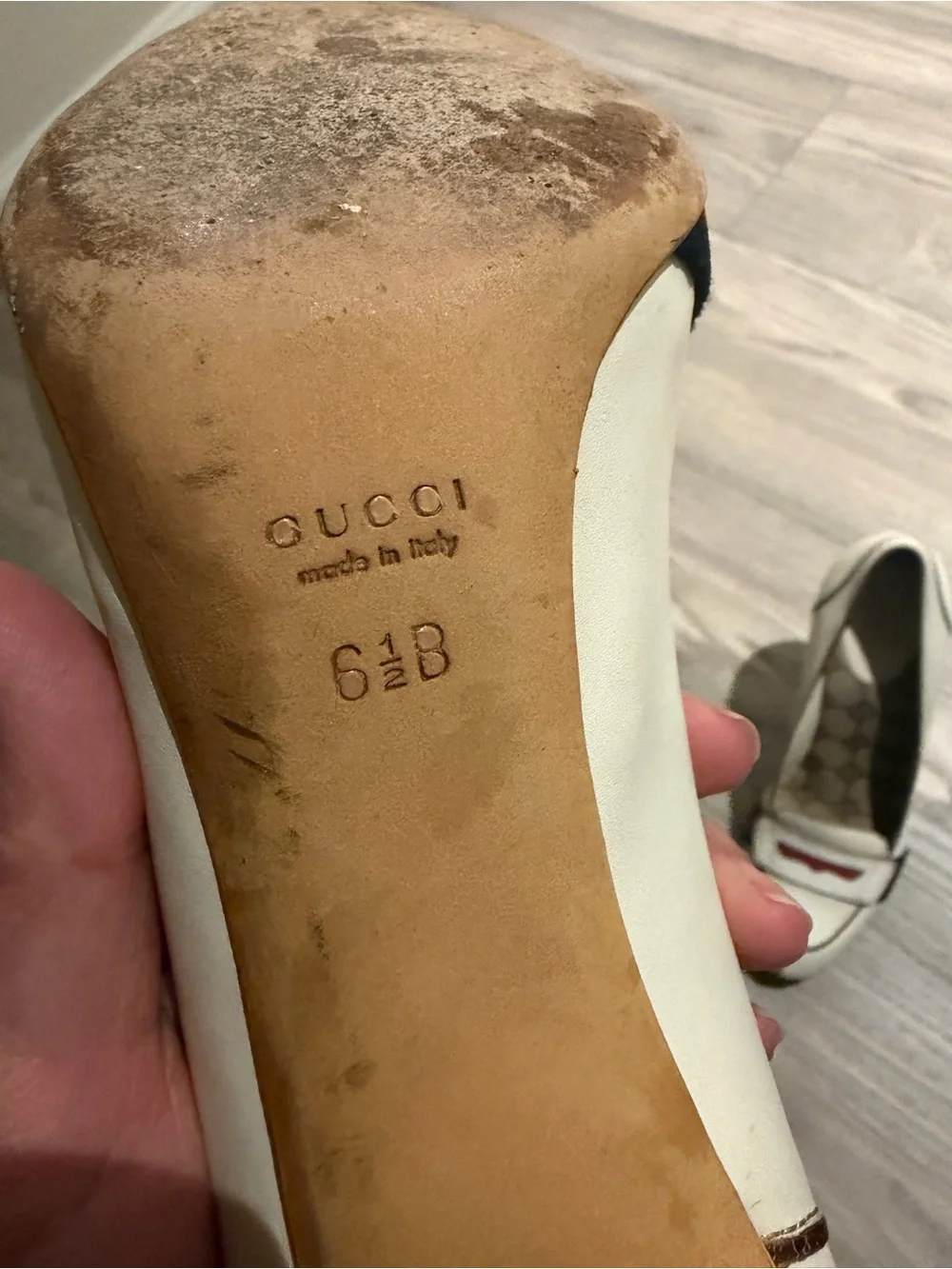 Gucci Cream Leather Loafers with Red Strap Detail
